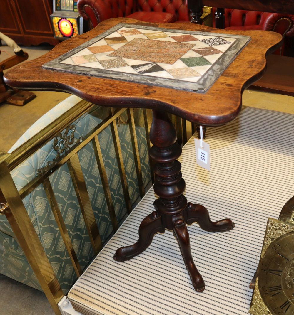A Victorian oak speciman marble topped occasional table, W.56cm, D.47cm, H.70cm